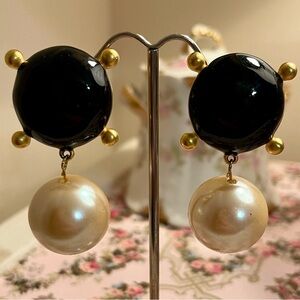VINTAGE GIVENCHY BLACK ENAMEL AND FAUX PEARL CLIP-ON DANGLE EARRINGS